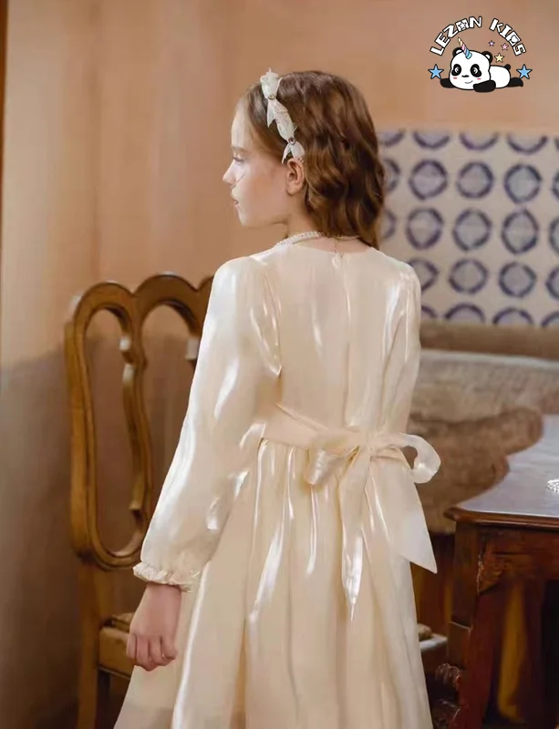 LEZONKIDS - 2024 Hot Selling Spring Long Sleeve Sweet Kids Satin Party Frock Design Princess Dress for Girl